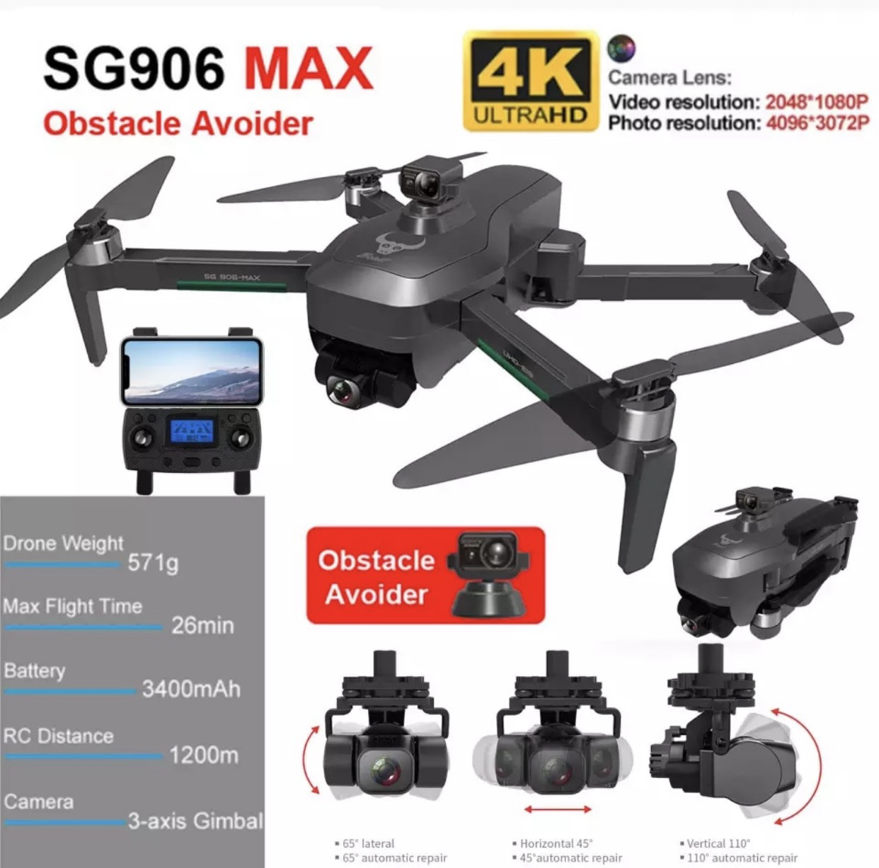 Flycam SG906 Max, SG906 Pro 3, Camera 4K UHD + EVO, Gimbal chống rung EIS 3 trục, Tránh chướng ngại vật động cơ không chổi than 